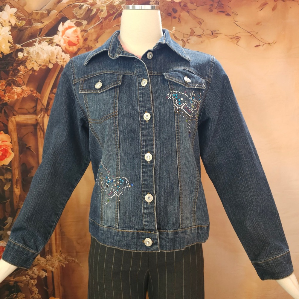 Vintage 2000s Denim Jacket Arizona Jean Co Womens XL Rhinestone Butterfly
